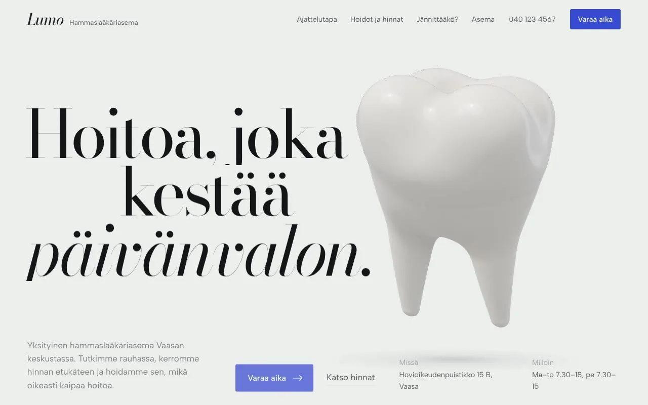 Lumon esimerkkisivu: hammas, jonka läpi kulkee valoa, ja hinnat